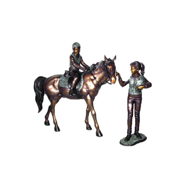 Riding Horse Lessons Bronze Sculpture Boy and Girl Garden